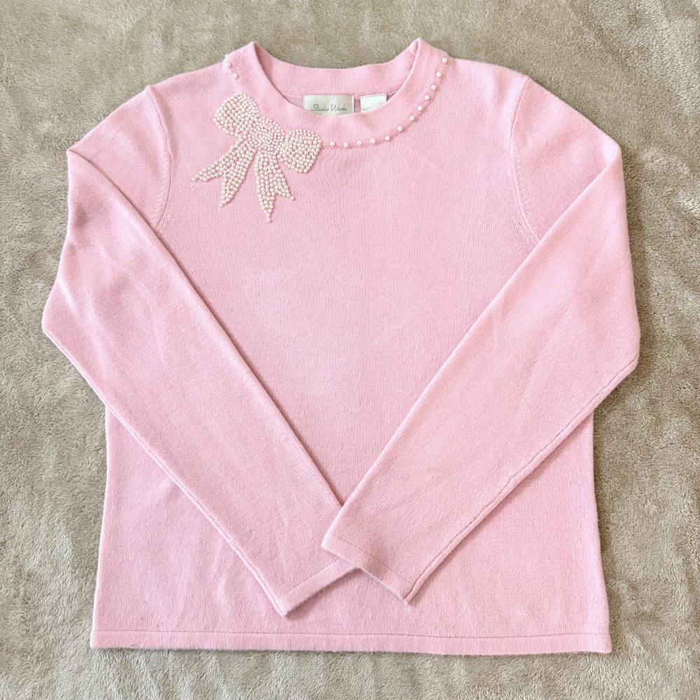 Studio Works Womens Pink Pearl Beaded Bow Sweater Coquette Twee Long Sleeve PM M